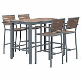 Eveleen Outdoor Bistro Patio Table with Four Mocha Powder-Coated Polymer Barstools, 32 x 55, Mocha (840031925190)