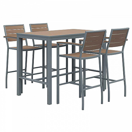 Eveleen Outdoor Bistro Patio Table with Four Mocha Powder-Coated Polymer Barstools, 32 x 55, Mocha (840031925190)