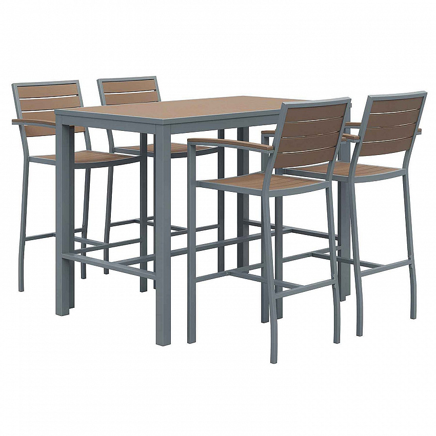 Eveleen Outdoor Bistro Patio Table with Four Mocha Powder-Coated Polymer Barstools, 32 x 55, Mocha (840031925190)