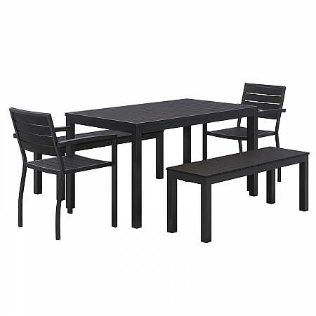 Eveleen Outdoor Patio Table with Two Black Powder-Coated Polymer Chairs and Two Benches, 32 x 55, Gray (840031925152)