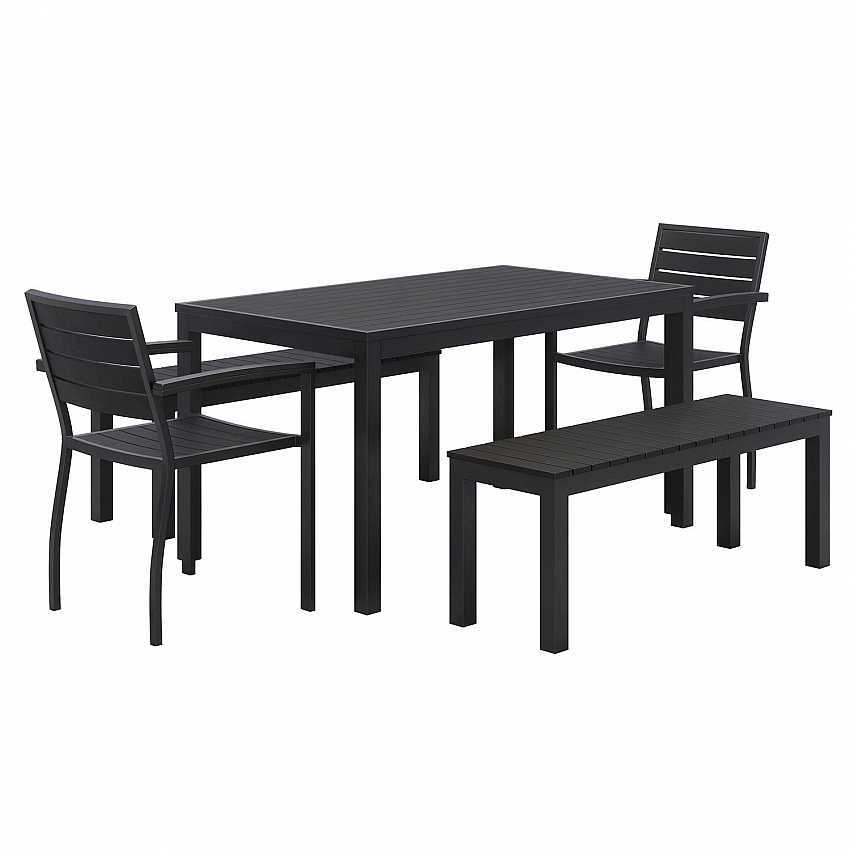 Eveleen Outdoor Patio Table with Two Black Powder-Coated Polymer Chairs and Two Benches, 32 x 55, Gray (840031925152)