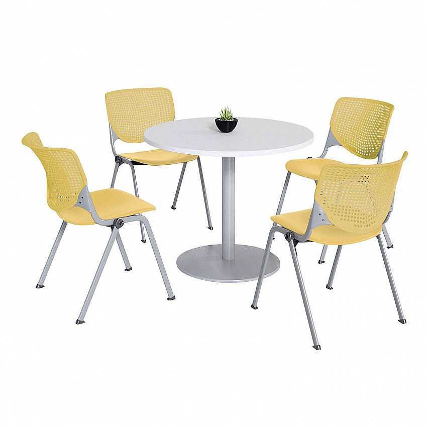 Pedestal Table with Four Yellow Kool Series Chairs, Round, 36" Dia x 29h, Designer White (811774036702)