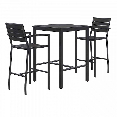 Eveleen Outdoor Bistro Patio Table with Two Black Powder-Coated Polymer Barstools, 30" Square, Black (840031925275)