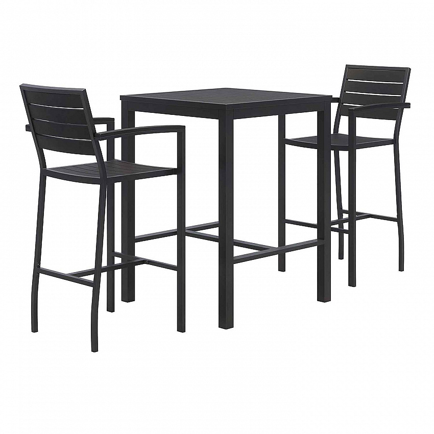 Eveleen Outdoor Bistro Patio Table with Two Black Powder-Coated Polymer Barstools, 30" Square, Black (840031925275)