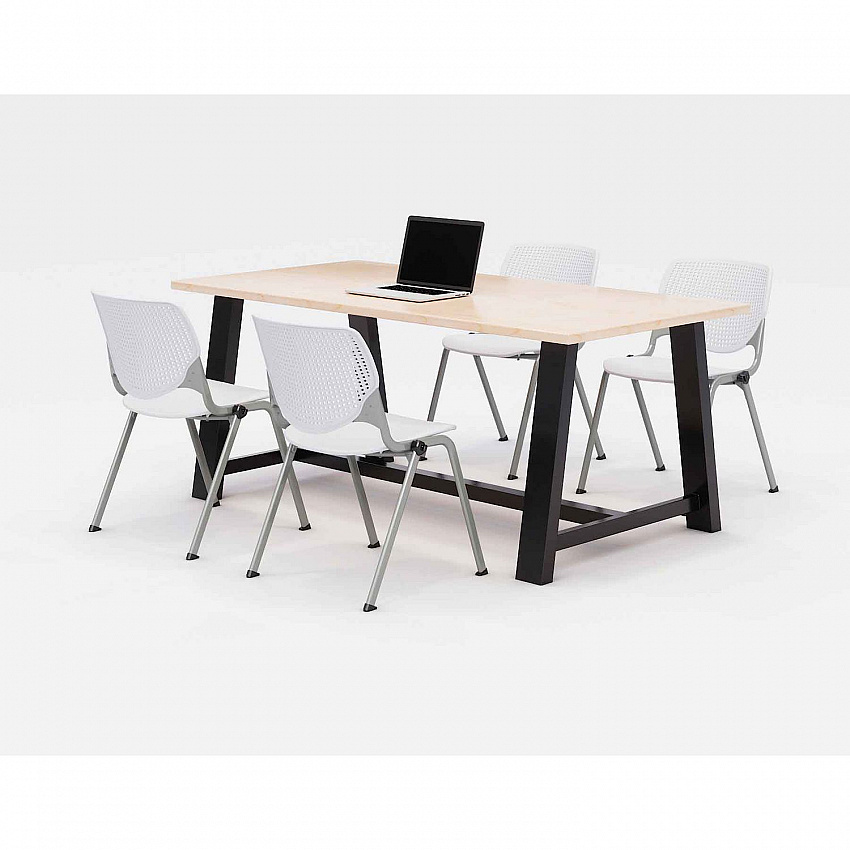 Midtown Dining Table with Four White Kool Series Chairs, 36 x 72 x 30, Kensington Maple (840031900456)