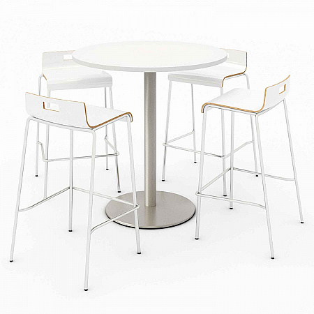 Pedestal Bistro Table with Four White Jive Series Barstools, Round, 36