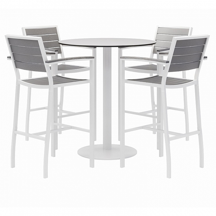 Eveleen Outdoor Bistro Patio Table with Four Gray Powder-Coated Polymer Barstools, Round, 41"h, White (840031918512)