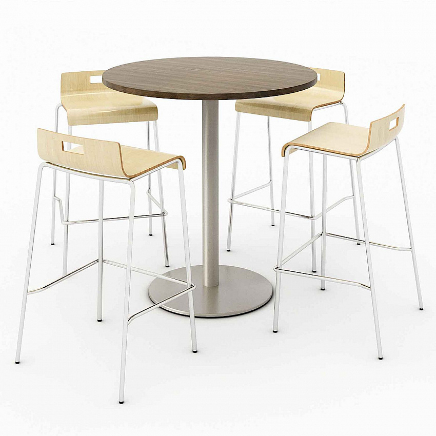 Pedestal Bistro Table with Four Natural Jive Series Barstools, Round, 36" Dia x 41h, Studio Teak (840031900135)