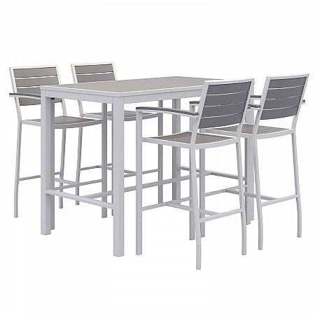 Eveleen Outdoor Bistro Patio Table with Four Gray Powder-Coated Polymer Barstools, 32 x 55, Gray (840031925206)
