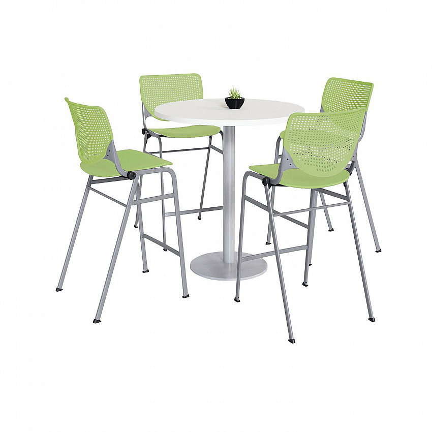 Pedestal Bistro Table with Four Lime Green Kool Series Barstools, Round, 36" Dia x 41h, Designer White (811774037112)