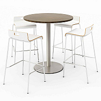 Pedestal Bistro Table with Four White Jive Series Barstools, Round, 36" Dia x 41h, Studio Teak (840031900142)