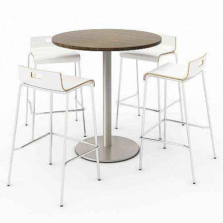 Pedestal Bistro Table with Four White Jive Series Barstools, Round, 36