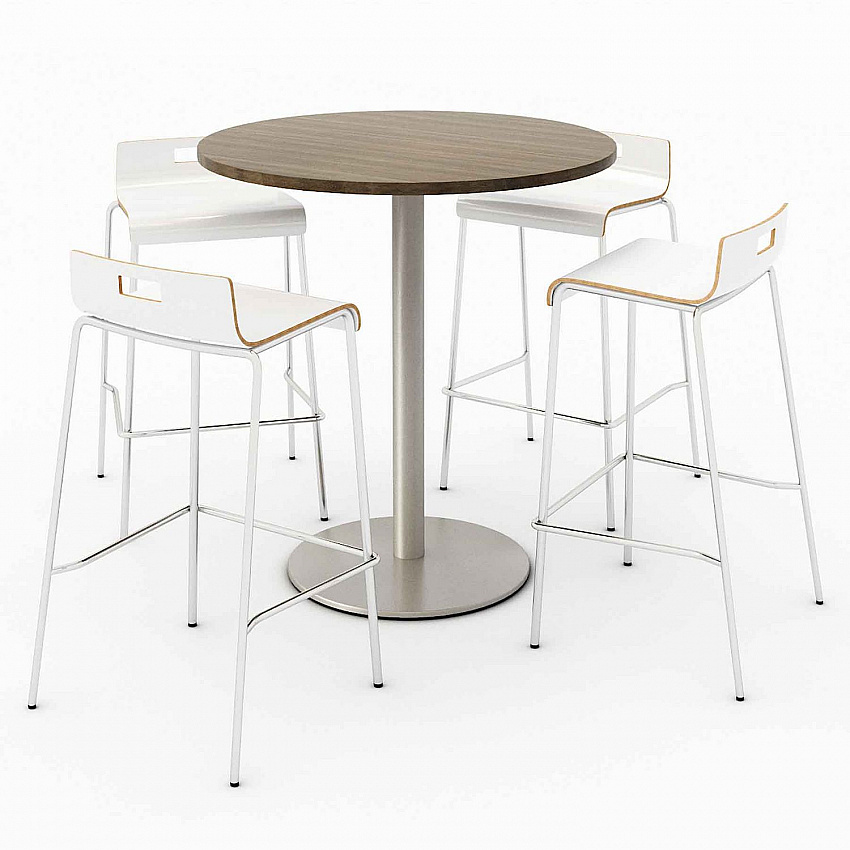 Pedestal Bistro Table with Four White Jive Series Barstools, Round, 36" Dia x 41h, Studio Teak (840031900142)