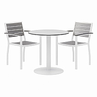 Eveleen Outdoor Patio Table with Two Gray Powder-Coated Polymer Chairs, 30" Dia x 29h, Designer White (840031918451)