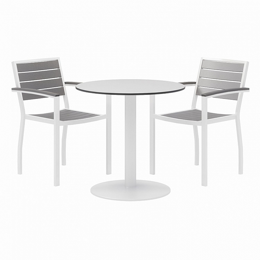 Eveleen Outdoor Patio Table with Two Gray Powder-Coated Polymer Chairs, 30" Dia x 29h, Designer White (840031918451)