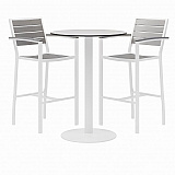 Eveleen Outdoor Bistro Patio Table, Two Gray Powder-Coated Polymer Barstools, Round, 30" Dia x 41h, White (840031918475)