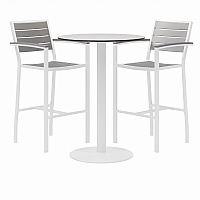 Eveleen Outdoor Bistro Patio Table, Two Gray Powder-Coated Polymer Barstools, Round, 30" Dia x 41h, White (840031918475)