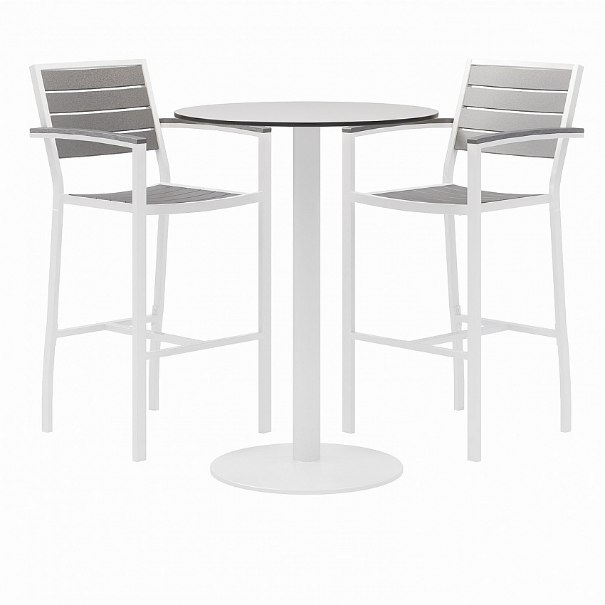 Eveleen Outdoor Bistro Patio Table, Two Gray Powder-Coated Polymer Barstools, Round, 30" Dia x 41h, White (840031918475)