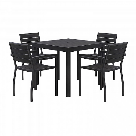 Eveleen Outdoor Patio Table with Four Black Powder-Coated Polymer Chairs, Square, 35