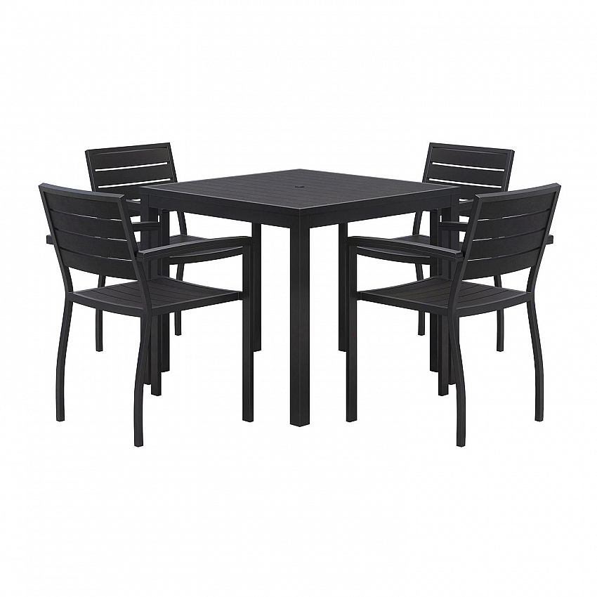 Eveleen Outdoor Patio Table with Four Black Powder-Coated Polymer Chairs, Square, 35", Black (840031925183)