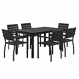 Eveleen Outdoor Patio Table with Six Black Powder-Coated Polymer Chairs, 32 x 55 x 29, Black (840031925244)