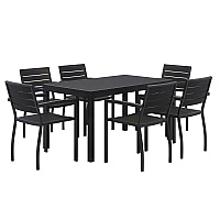 Eveleen Outdoor Patio Table with Six Black Powder-Coated Polymer Chairs, 32 x 55 x 29, Black (840031925244)
