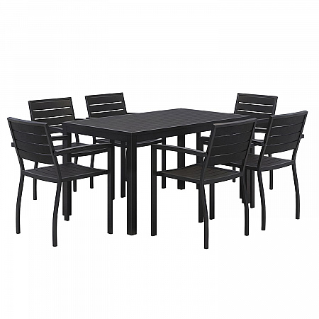 Eveleen Outdoor Patio Table with Six Black Powder-Coated Polymer Chairs, 32 x 55 x 29, Black (840031925244)