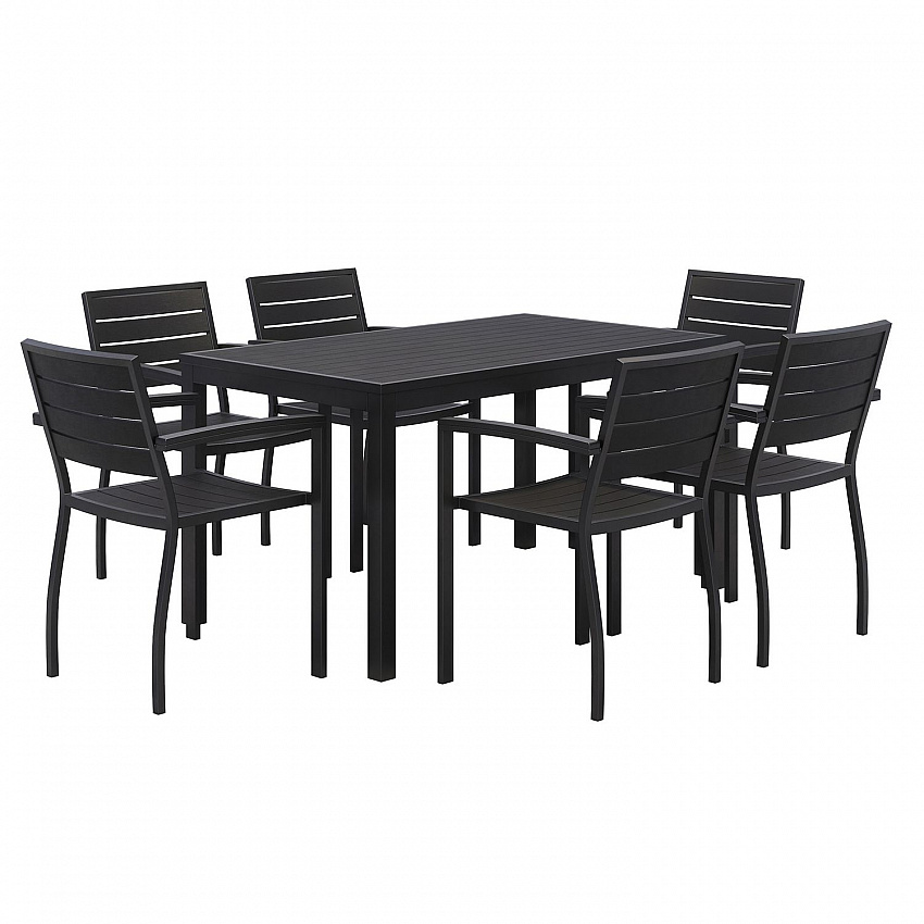 Eveleen Outdoor Patio Table with Six Black Powder-Coated Polymer Chairs, 32 x 55 x 29, Black (840031925244)