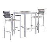 Eveleen Outdoor Bistro Patio Table with Two Gray Powder-Coated Polymer Barstools, 30" Square, Gray (840031925268)