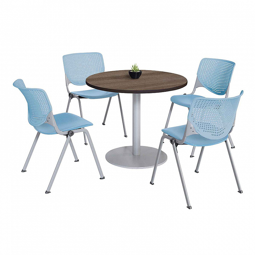 Pedestal Table with Four Sky Blue Kool Series Chairs, Round, 36" Dia x 29h, Studio Teak (811774036900)