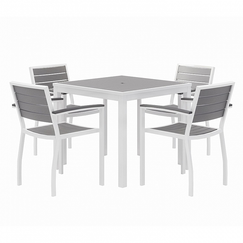 Eveleen Outdoor Patio Table with Four Gray Powder-Coated Polymer Chairs, 32" Square, Gray (840031918550)