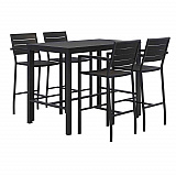 Eveleen Outdoor Bistro Patio Table with Four Black Powder-Coated Polymer Barstools, 32 x 55, Black (840031925213)