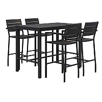 Eveleen Outdoor Bistro Patio Table with Four Black Powder-Coated Polymer Barstools, 32 x 55, Black (840031925213)