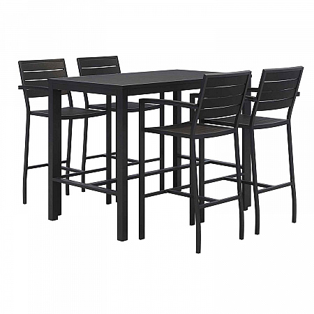 Eveleen Outdoor Bistro Patio Table with Four Black Powder-Coated Polymer Barstools, 32 x 55, Black (840031925213)
