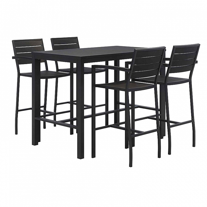 Eveleen Outdoor Bistro Patio Table with Four Black Powder-Coated Polymer Barstools, 32 x 55, Black (840031925213)