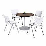 Pedestal Table with Four White Kool Series Chairs, Round, 36" Dia x 29h, Studio Teak (811774036887)