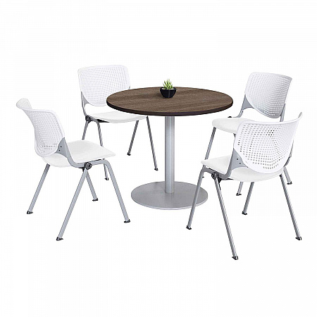 Pedestal Table with Four White Kool Series Chairs, Round, 36