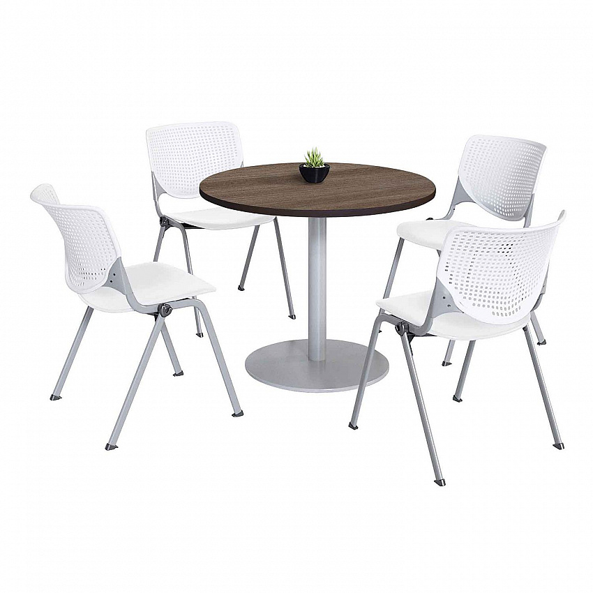 Pedestal Table with Four White Kool Series Chairs, Round, 36" Dia x 29h, Studio Teak (811774036887)