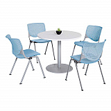 Pedestal Table with Four Sky Blue Kool Series Chairs, Round, 36" Dia x 29h, Designer White (811774036757)
