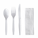 Four-Piece Polystyrene Cutlery Kit, Mediumweight, Fork/Knife/Napkin/Spoon, Plastic, White, 250/Carton (4KITWHPS)