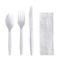 Four-Piece Polystyrene Cutlery Kit, Mediumweight, Fork/Knife/Napkin/Spoon, Plastic, White, 250/Carton (4KITWHPS)