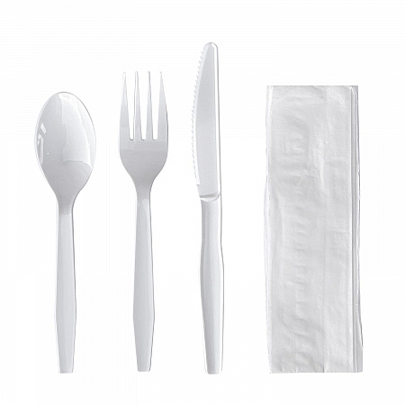 Four-Piece Polystyrene Cutlery Kit, Mediumweight, Fork/Knife/Napkin/Spoon, Plastic, White, 250/Carton (4KITWHPS)