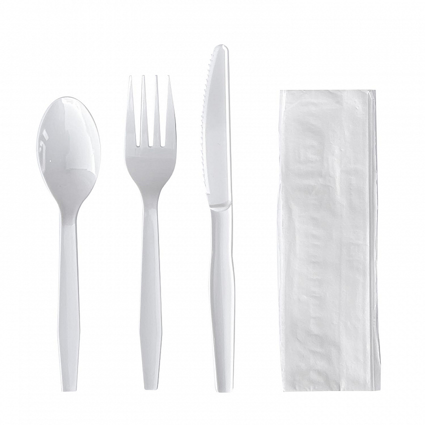 Four-Piece Polystyrene Cutlery Kit, Mediumweight, Fork/Knife/Napkin/Spoon, Plastic, White, 250/Carton (4KITWHPS)
