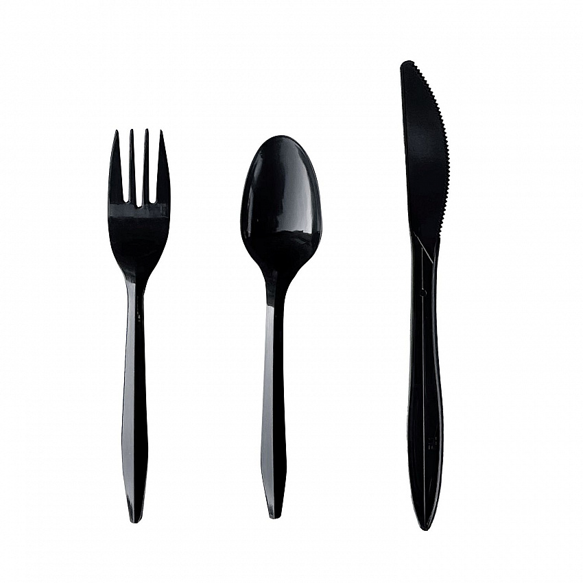 Three-Piece Polypropylene Cutlery Kit, Mediumweight, Fork/Knife/Spoon, Plastic, Black, 250/Carton (3KITBLPP)