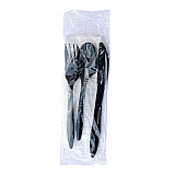 Four-Piece Cutlery Kit, Mediumweight, Fork/Knife/Napkin/Spoon, Plastic, 6.38", Black, 250/Carton (4KITBLPP)