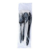 Four-Piece Cutlery Kit, Mediumweight, Fork/Knife/Napkin/Spoon, Plastic, 6.38", Black, 250/Carton (4KITBLPP)