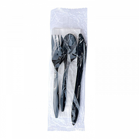Four-Piece Cutlery Kit, Mediumweight, Fork/Knife/Napkin/Spoon, Plastic, 6.38