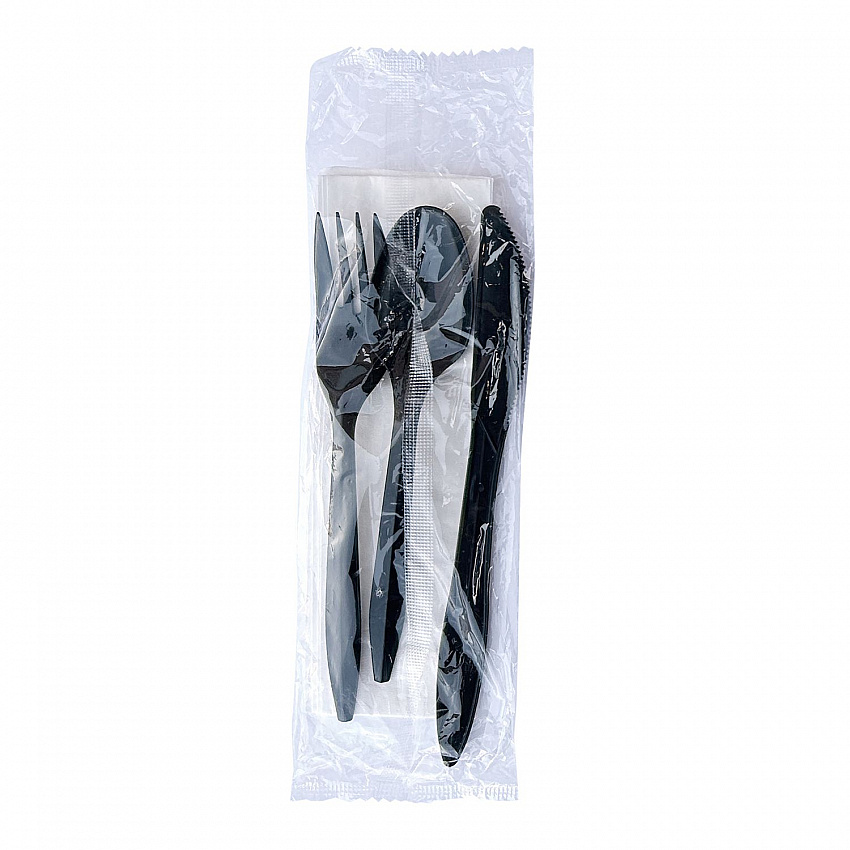 Four-Piece Cutlery Kit, Mediumweight, Fork/Knife/Napkin/Spoon, Plastic, 6.38", Black, 250/Carton (4KITBLPP)