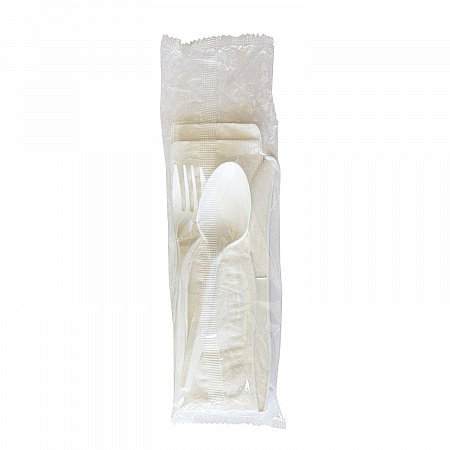 Four-Piece Polypropylene Cutlery Kit, Mediumweight, Fork/Knife/Napkin/Spoon, Plastic, White, 250/Carton (4COMBOKITPP)