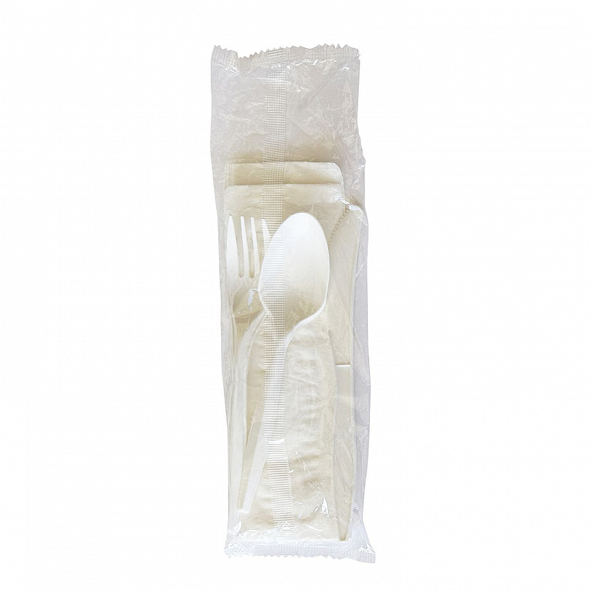 Four-Piece Polypropylene Cutlery Kit, Mediumweight, Fork/Knife/Napkin/Spoon, Plastic, White, 250/Carton (4COMBOKITPP)